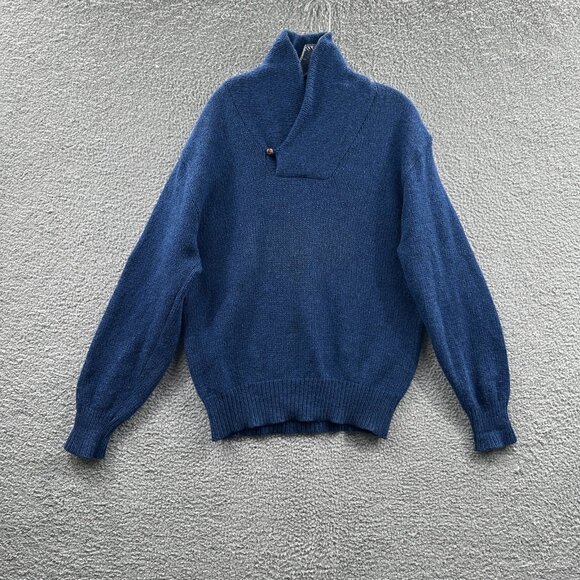 Vintage LL Bean Sweater Mens Large Blue Wool Nylon Shawl Collar Pullover USA 80s - Picture 1 of 11